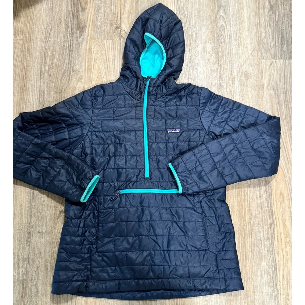 Patagonia Navy Blue Bivy Down Hooded Quarter Zip Puffer with Teal Trim